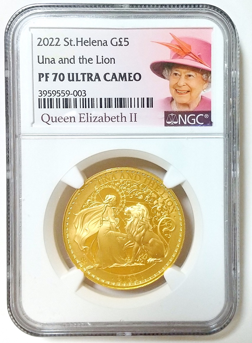 Antique Coin ALE アンティークコイン エーエルイー 日本最大級の品揃え 国内最安値 ゴシッククラウン ウナとライオン スリーグレイセス  取扱店 2022年 セントヘレナ ウナとライオン 5ポンド 1オンス 1oz プルーフ 金貨 NGC PF70 ULTRA CAMEO 女王ラベル