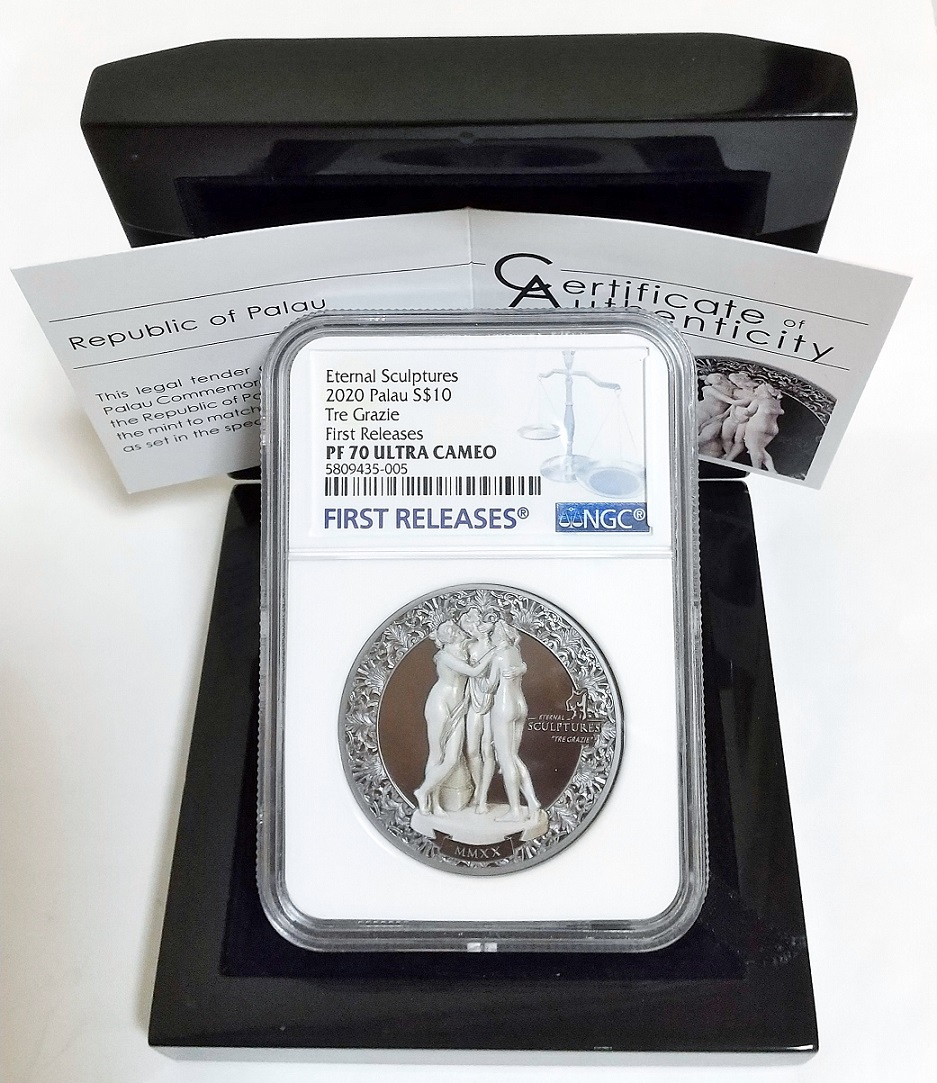 2020年 パラオ スリーグレイセス 三美神 10ドル 2オンス ブラックプルーフ銀貨 NGC PF70 ULTRA CAMEO First  Releases 最高鑑定 ファーストリリース 箱付 永遠の彫刻