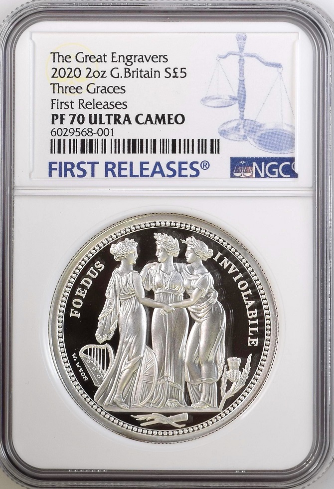 2020年 英国 イギリス ロイヤルミント スリーグレイセス 5ポンド 2オンス プルーフ 銀貨 2oz NGC PF70 ULTRA CAMEO  First Releases