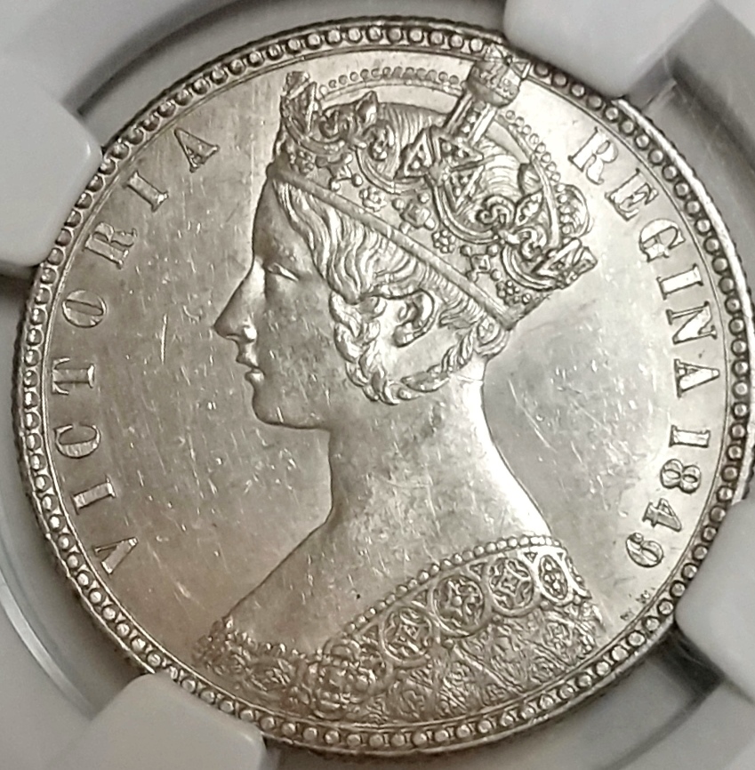 高価値 1880年 イギリス 英国 ビクトリア 女王 ゴシック ゴッドレス フローリン 2シリング 銀貨 NGC AU58 ゴシッククラウン