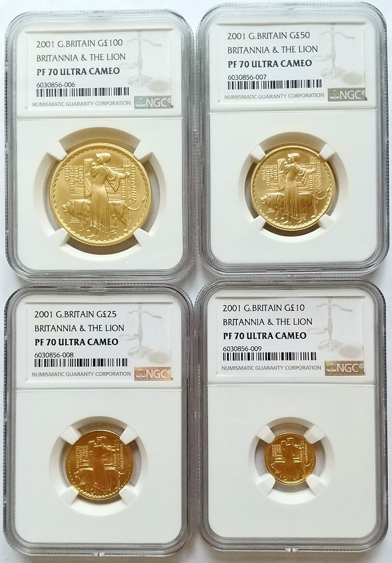 ALL 最高鑑定 2001年 英国 イギリス ブリタニア ライオン プルーフ金貨 4枚セット NGC PF70 ULTRA CAMEO ウナとライオン