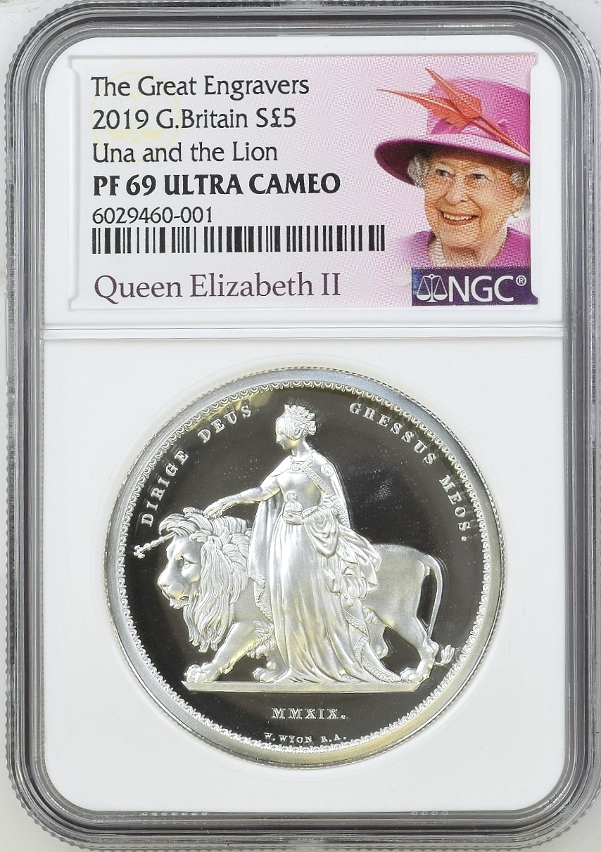 2019年 イギリス ウナとライオン 5ポンド 2オンス プルーフ銀貨 NGC PF69 ULTRA CAMEO 女王ラベル